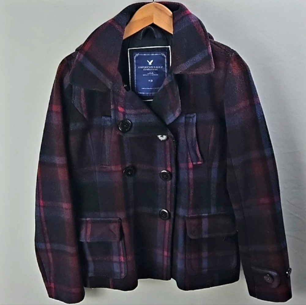 American Eagle Outfitters Women's‎ Red Blue Plaid Wool Blend Peacoat Sz S Preppy